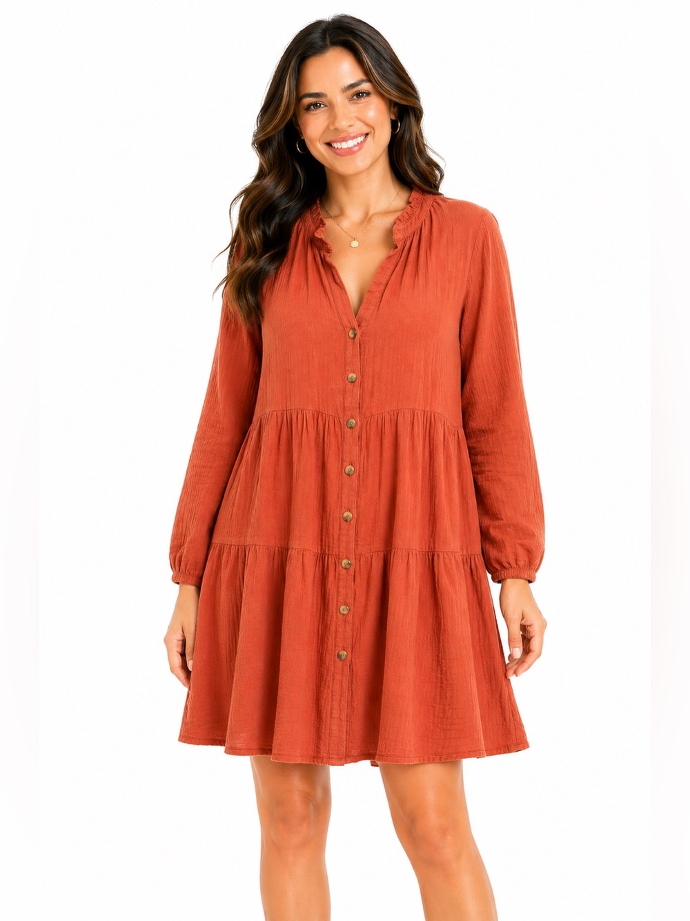EUC Entro Size Large‎ Boutique Boho Rust Button-Down Flowy Dress